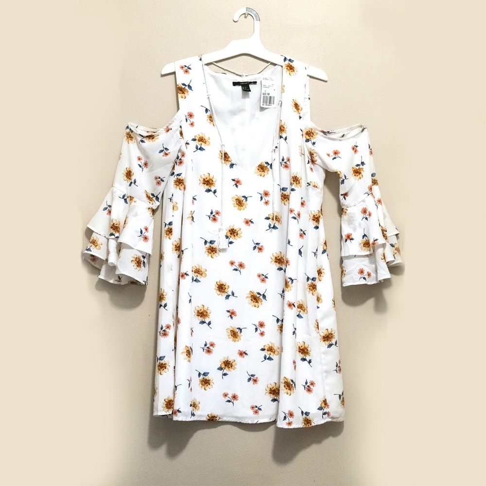 F21 White Floral Long Sleeve Cut-Out Dress